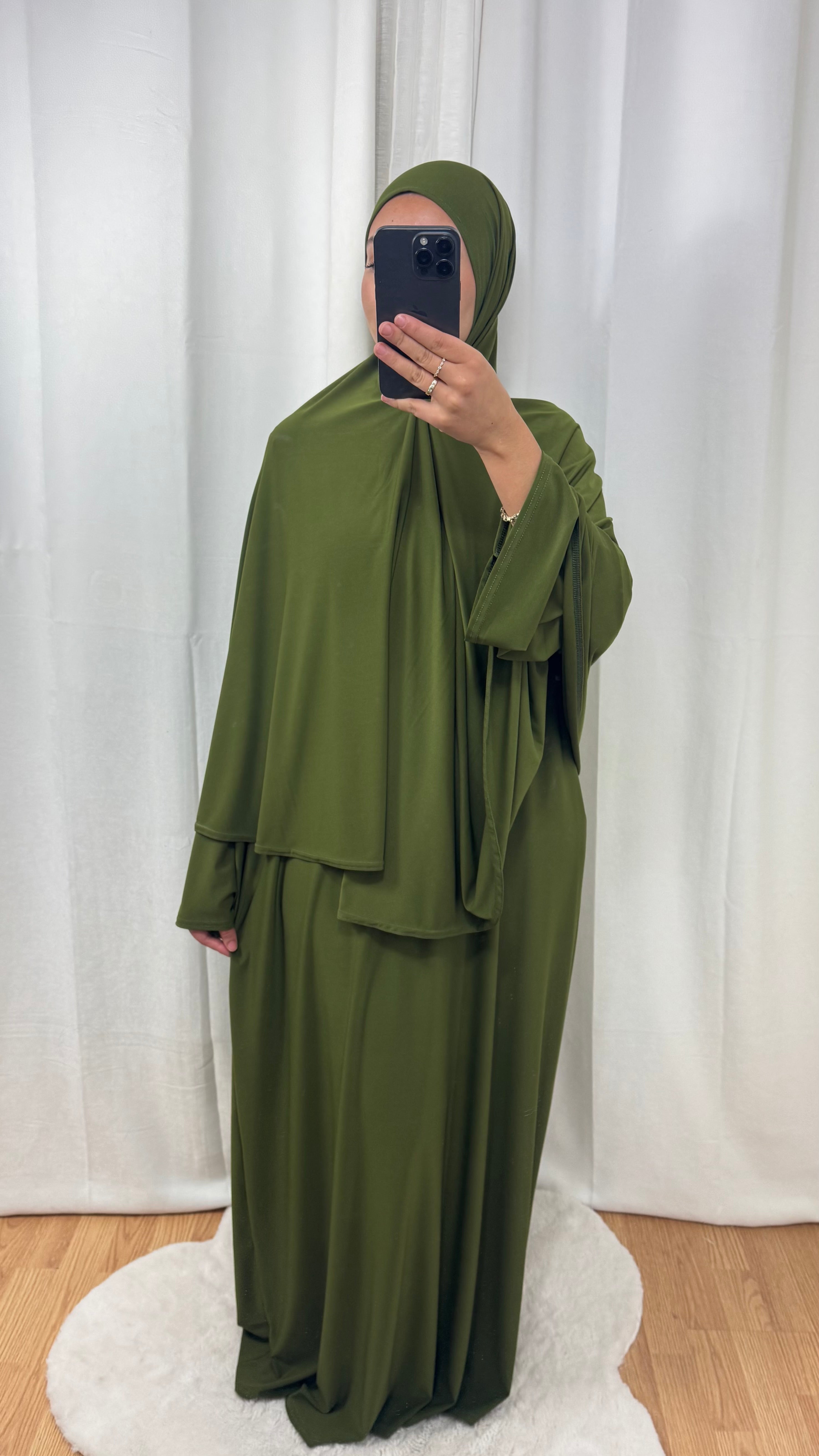 SET ABAYA KHIMAR JERSEY PREMIUM DE LUXE - VERT OLIVE FONCÉ
