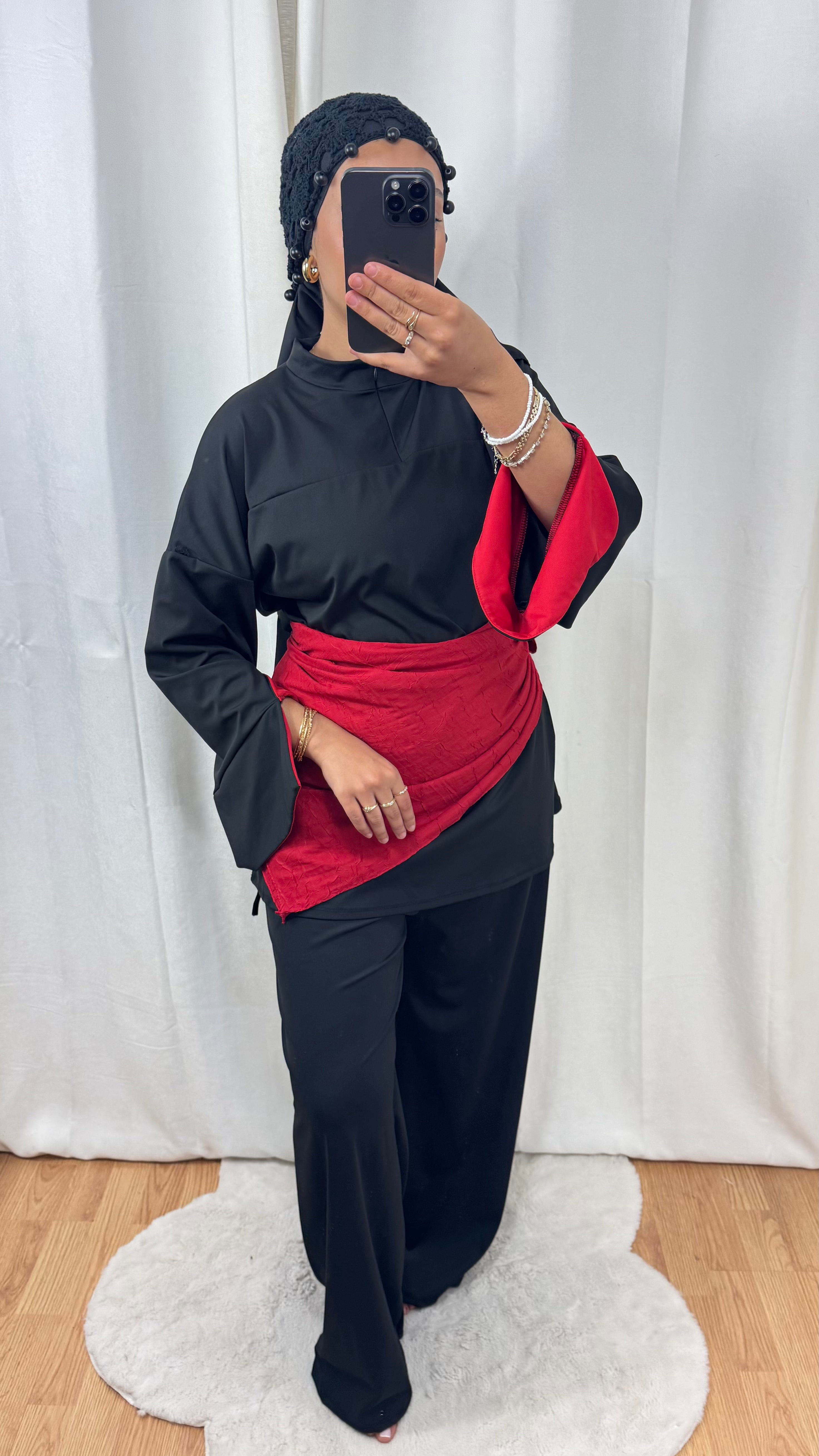 BURKINI BICOLORE + HIJAB - NOIR/ROUGE