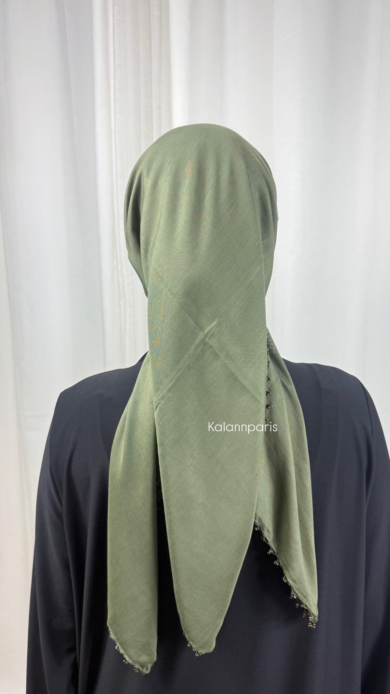 CARRÉ COTON ORNÉ DE PERLES - KAKI