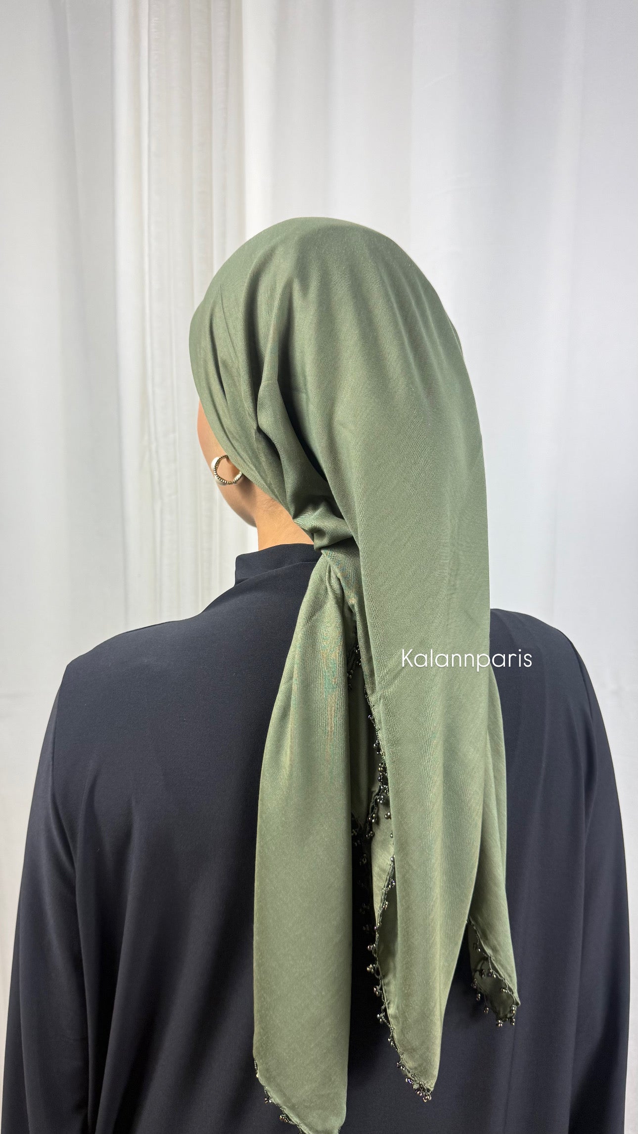 CARRÉ COTON ORNÉ DE PERLES - KAKI