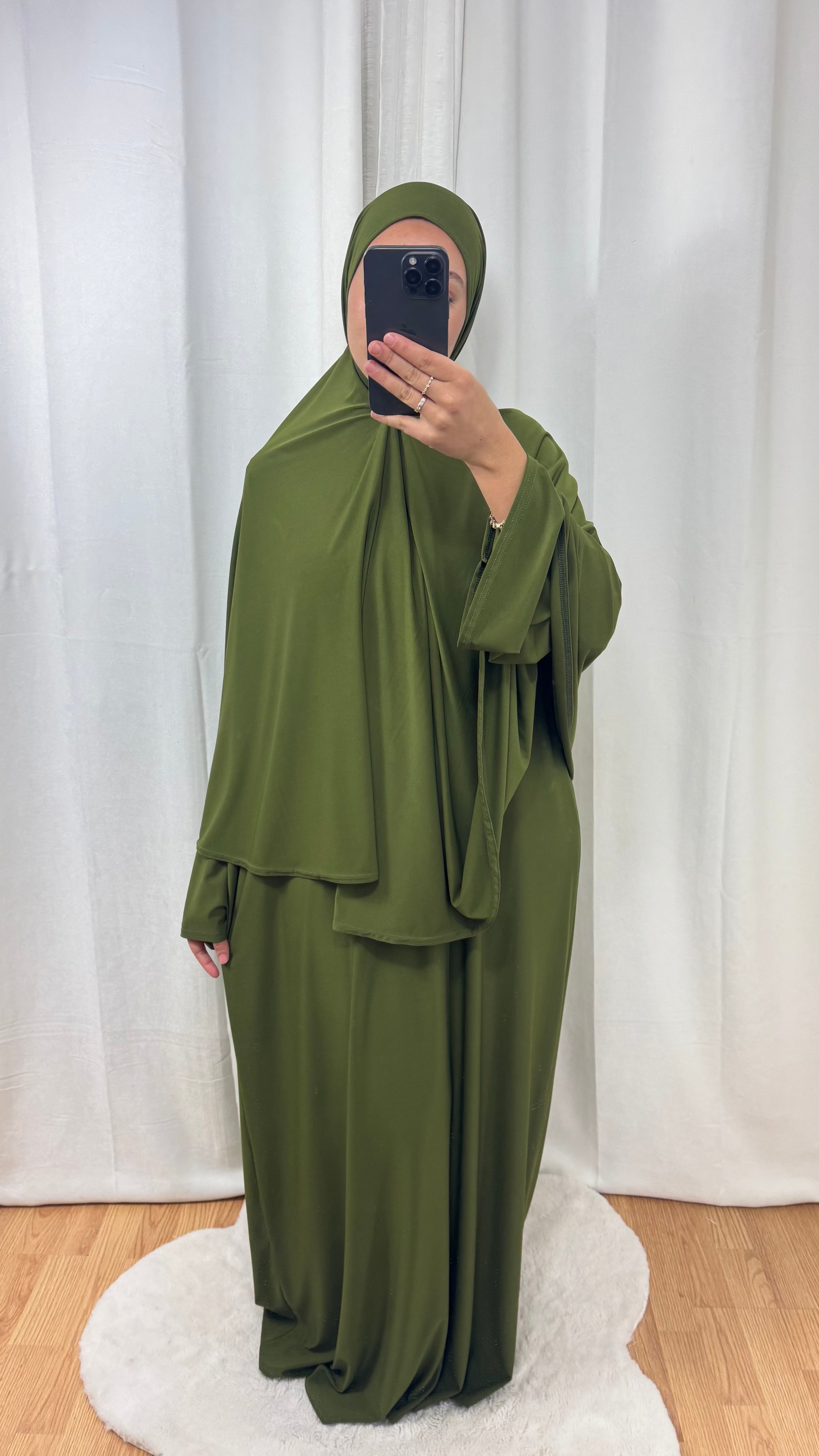 SET ABAYA KHIMAR JERSEY PREMIUM DE LUXE - VERT OLIVE FONCÉ