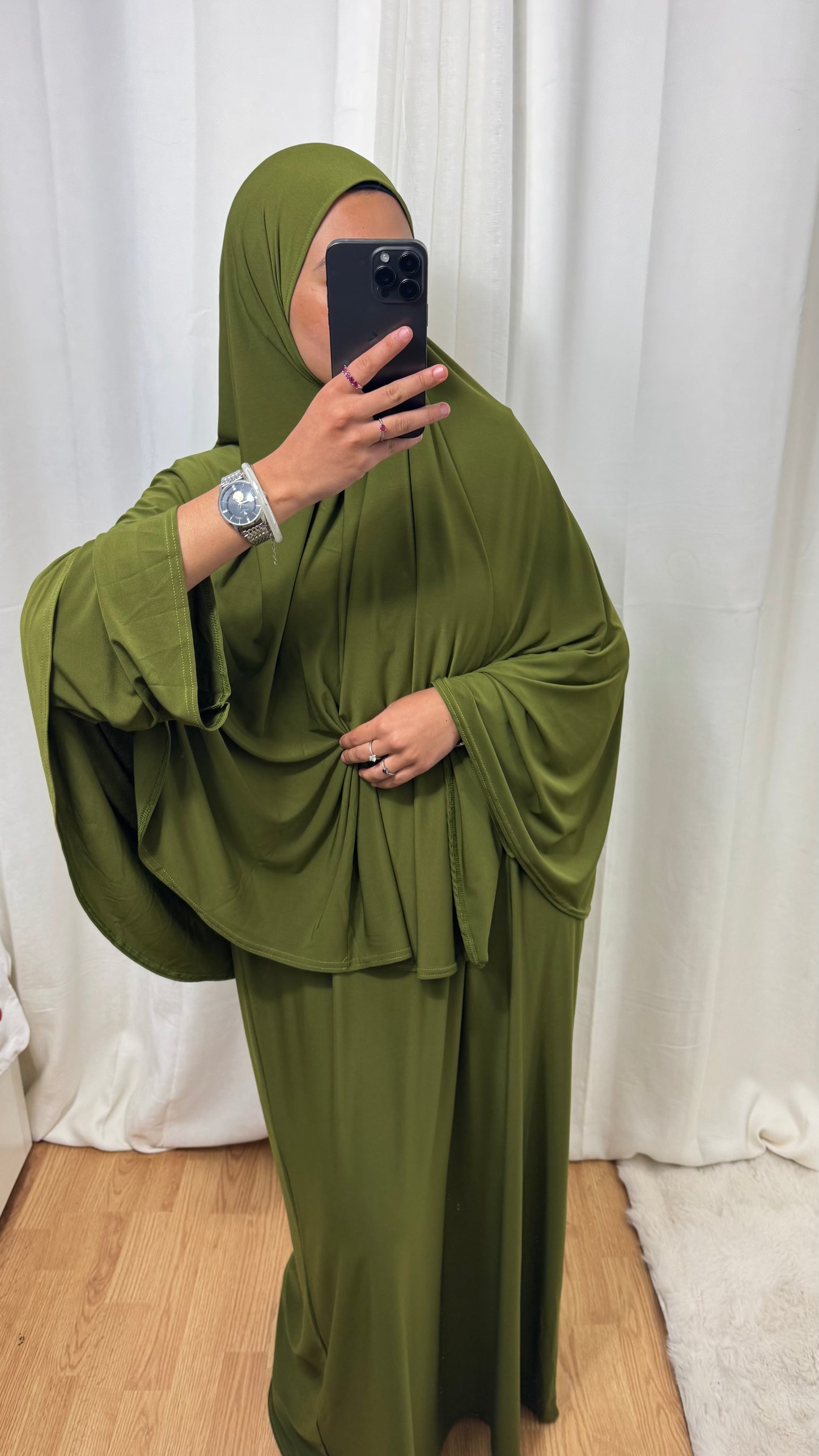 SET ABAYA KHIMAR JERSEY PREMIUM DE LUXE - VERT OLIVE FONCÉ