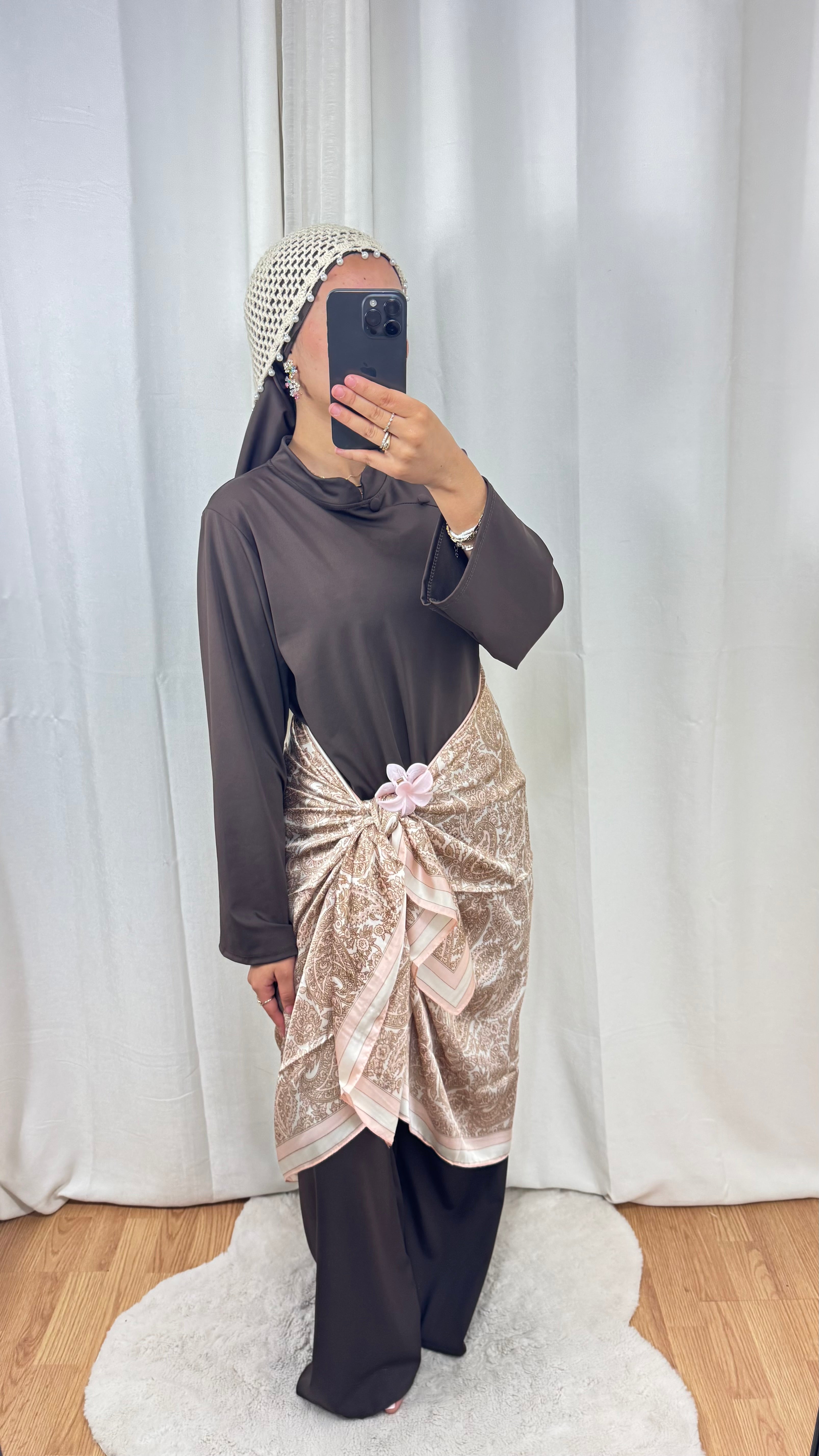 HIJAB RECTANGLE SATINÉ - MARRON/ROSE