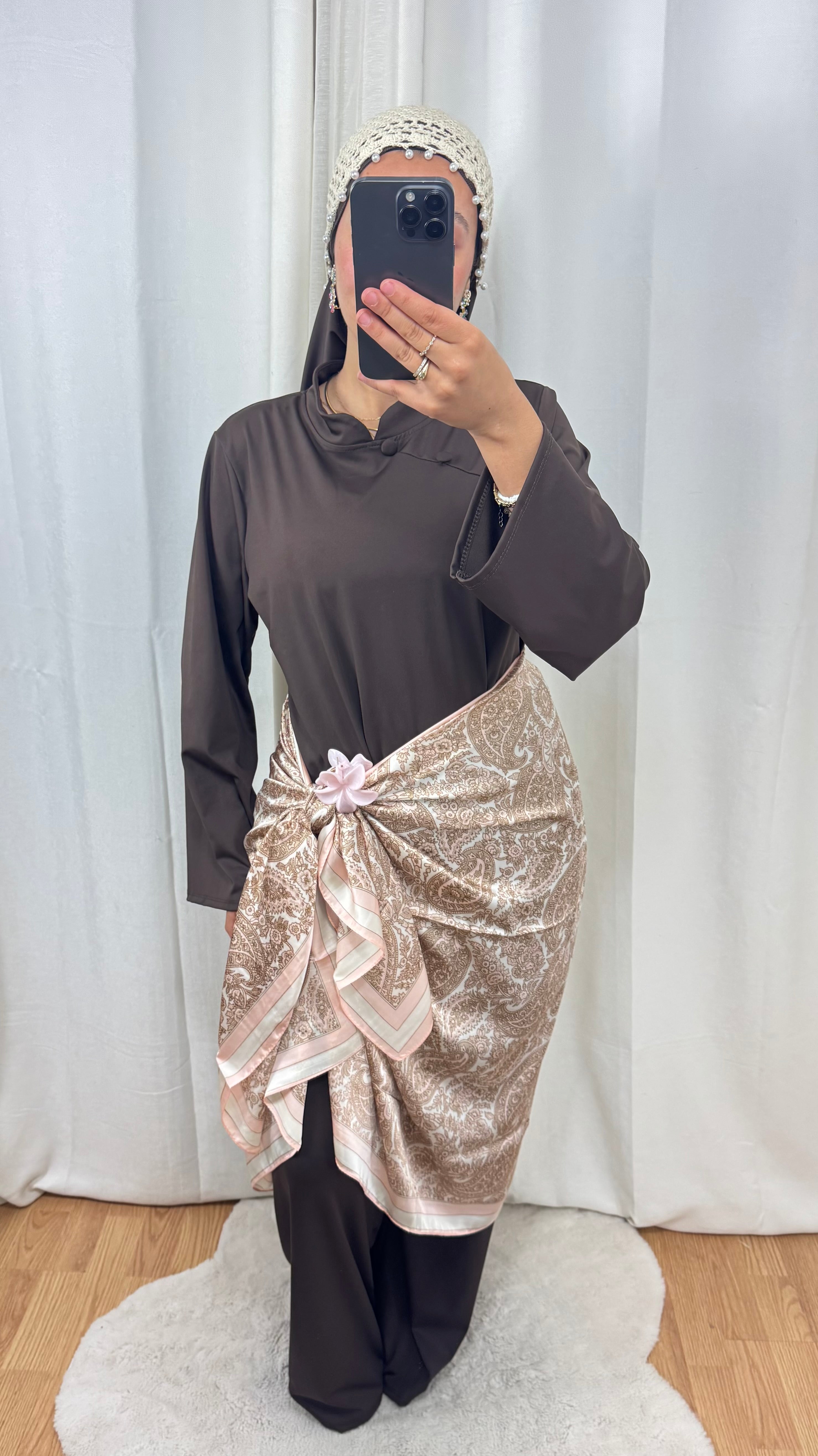 HIJAB RECTANGLE SATINÉ - MARRON/ROSE