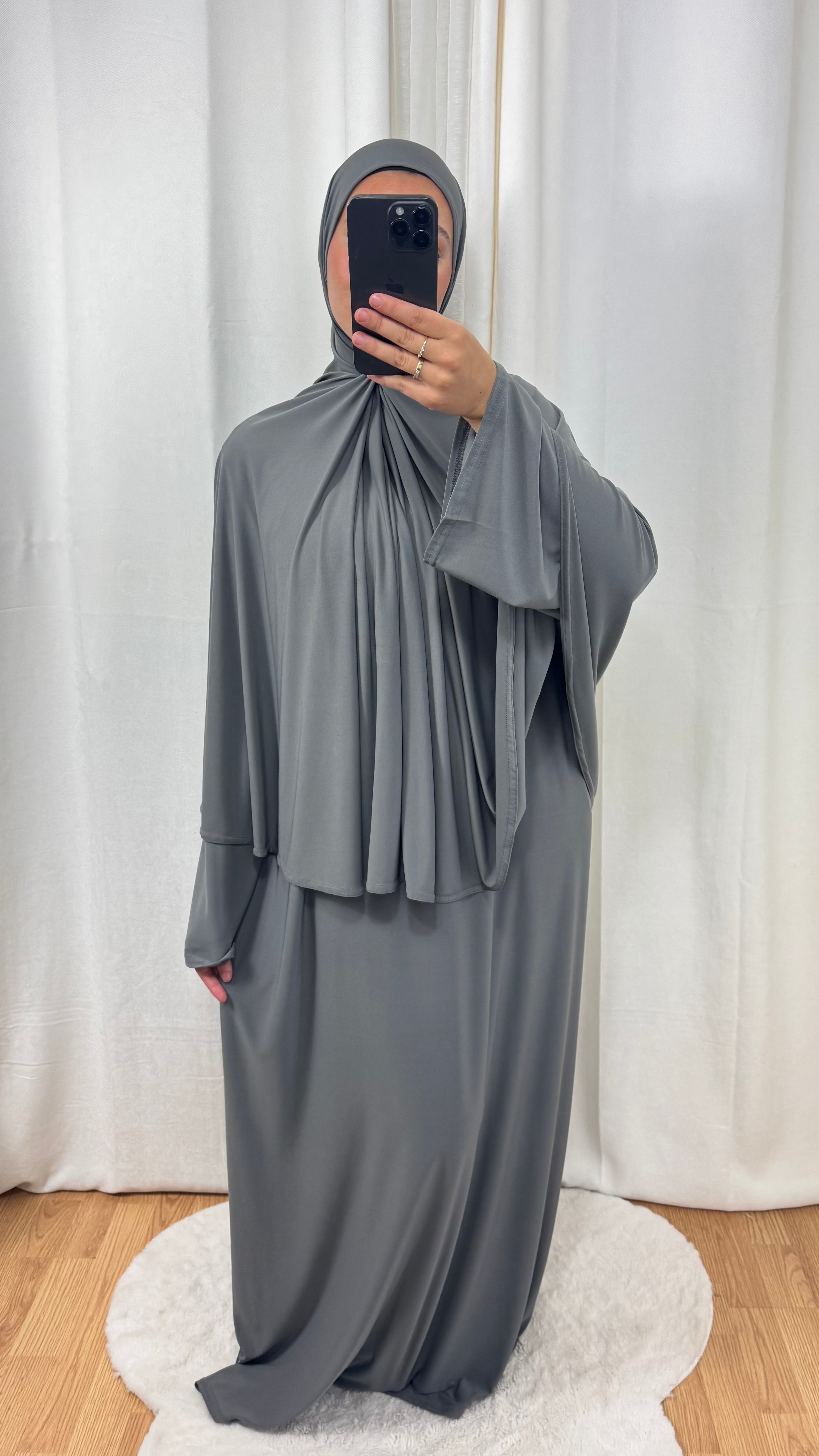 SET ABAYA KHIMAR JERSEY PREMIUM DE LUXE - GRIS