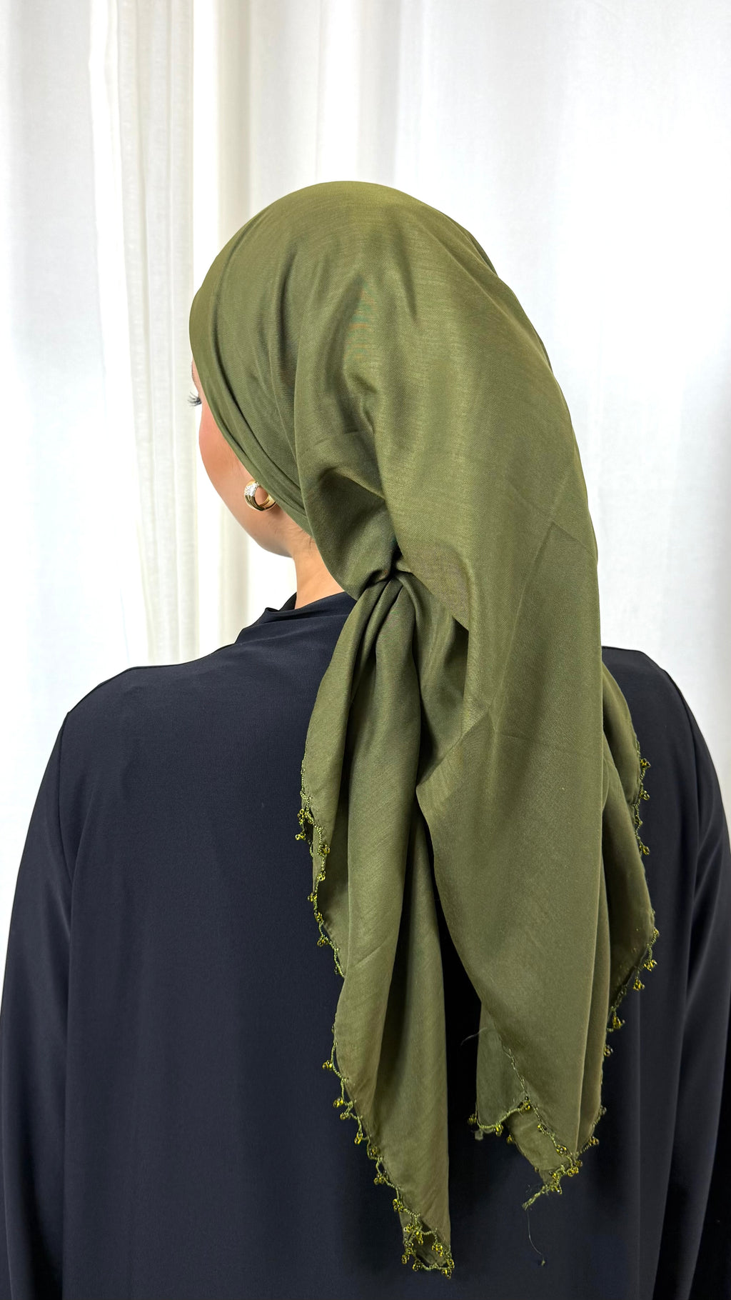 CARRÉ COTON ORNÉ DE PERLES - KAKI FONCÉ