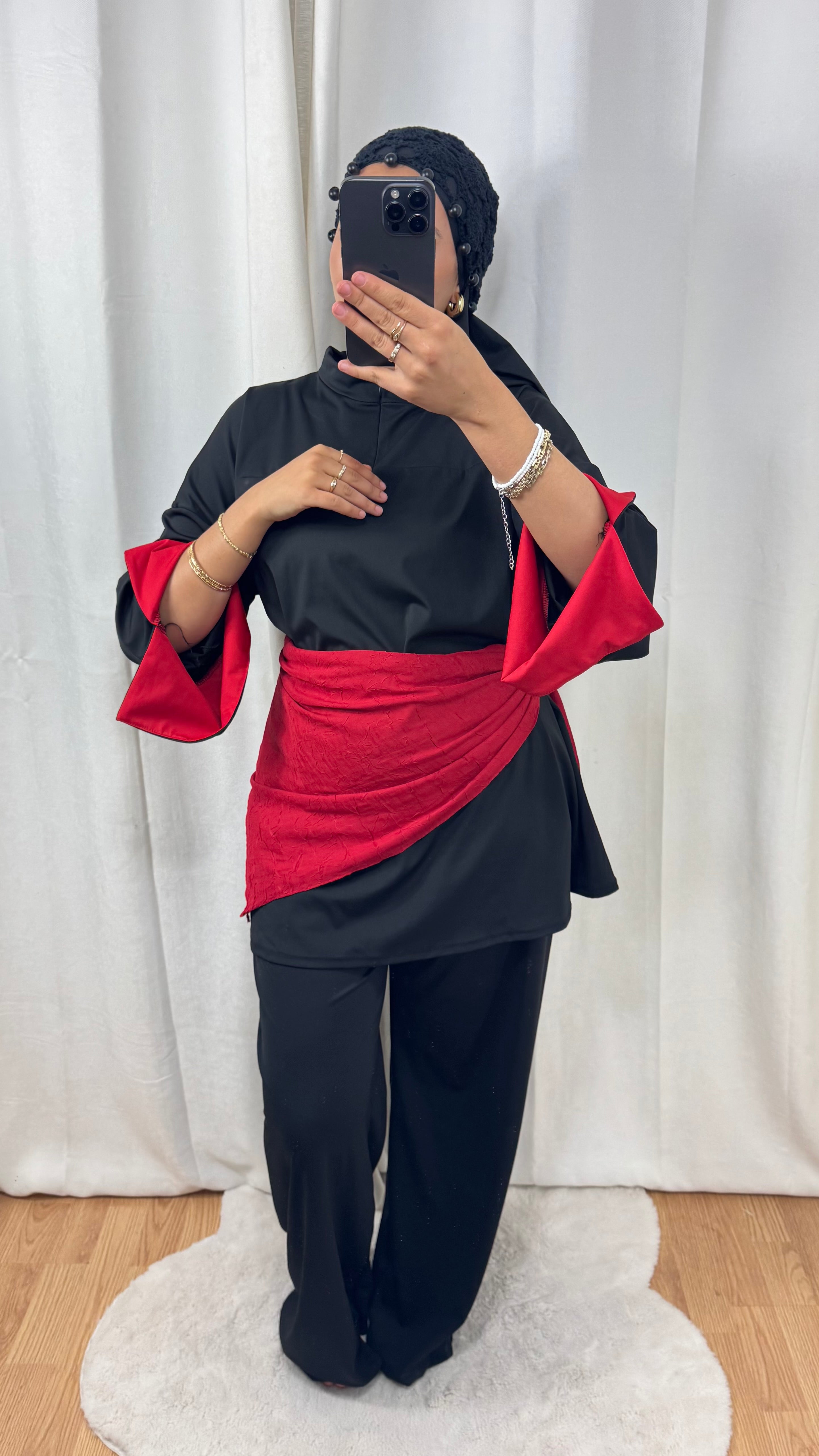 BURKINI BICOLORE + HIJAB - NOIR/ROUGE