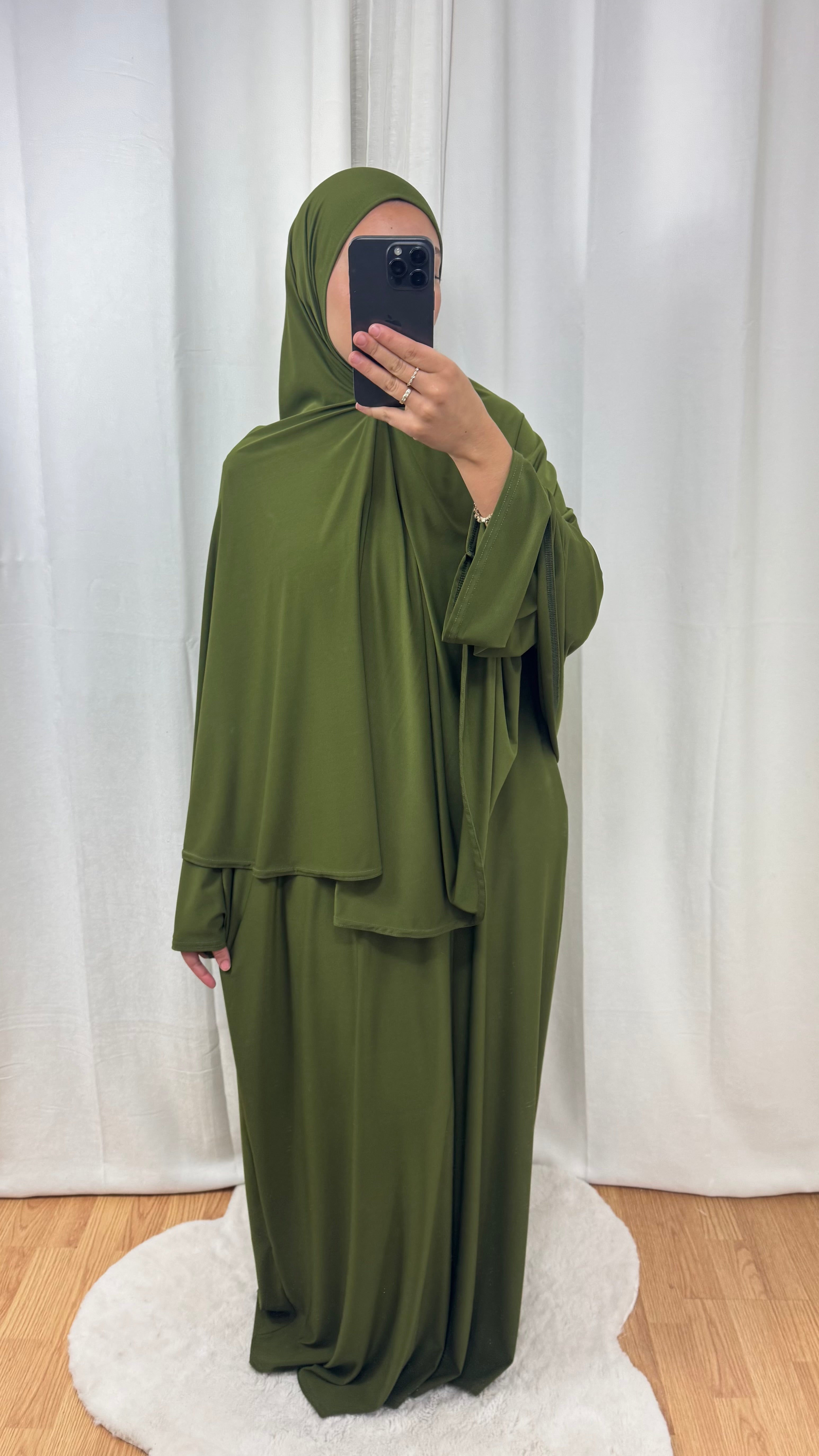 SET ABAYA KHIMAR JERSEY PREMIUM DE LUXE - VERT OLIVE FONCÉ