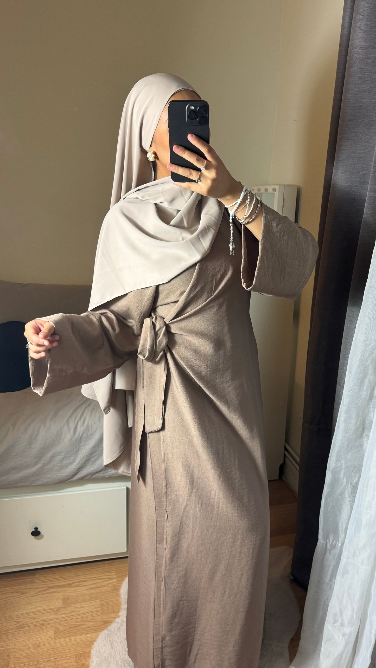 ROBE CACHE COEUR EFFET LIN TAUPE